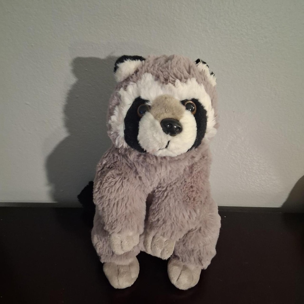 Gray and white raccoon plush toy with black markings super soft
